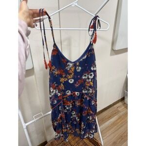 Mossimo Floral Boho Mini Dress Navy Blue Tassel Tie Strap Tiered Ruffle Large